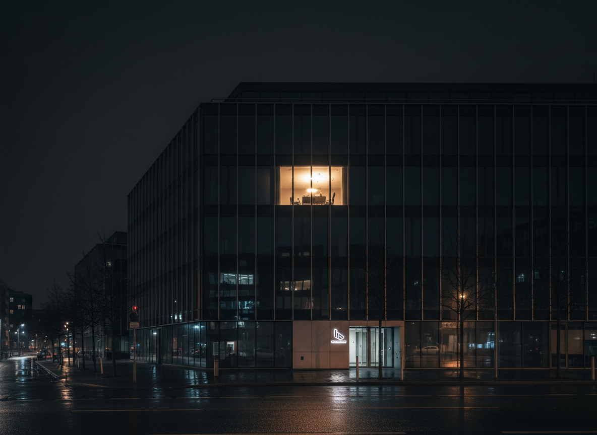 Buitenkant kantoorpand waar één lamp brandt